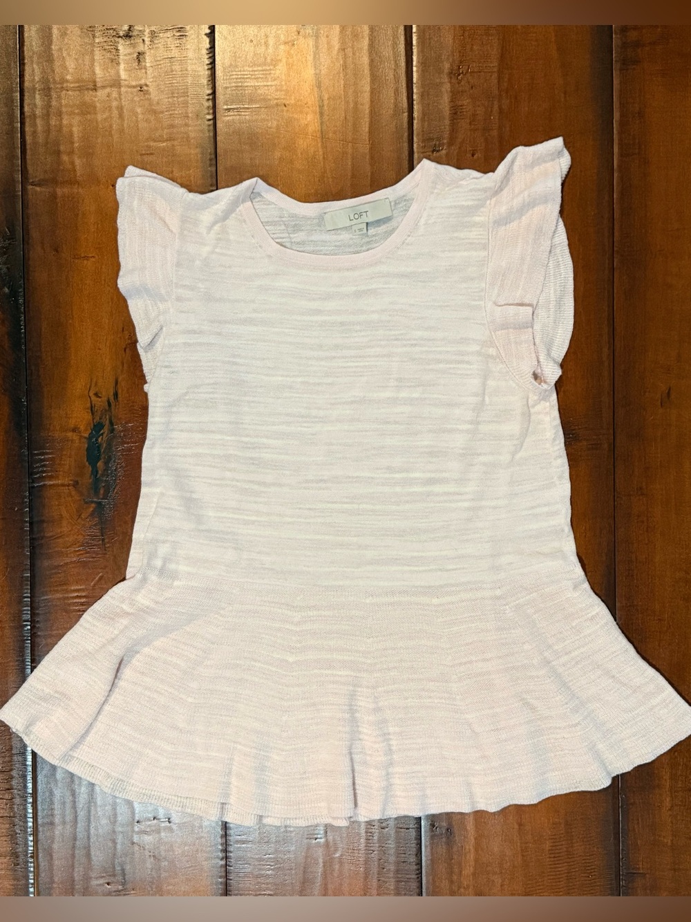 LOFT Pale Pink Ruffled Sleeve Peplum Top with Shimmer